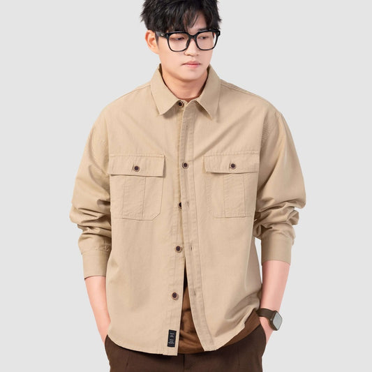 春季美式休閑cleanfit卡其色襯衣簡約工裝寸衫男外套長袖